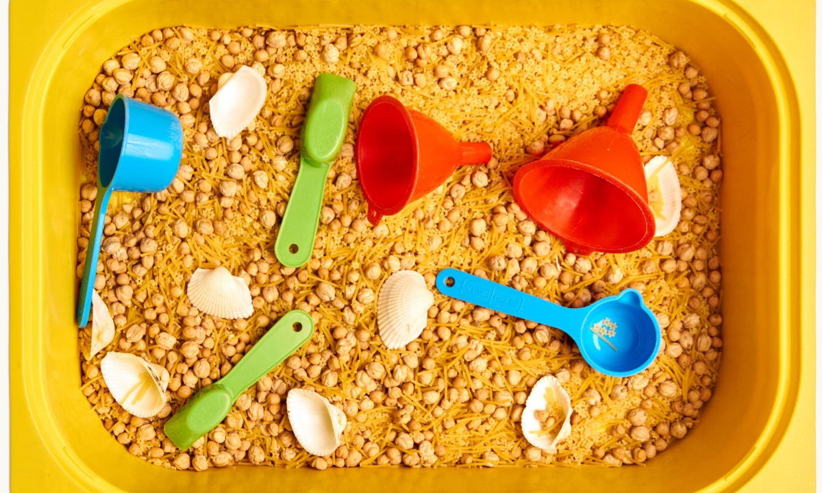 a bin of sensory toys